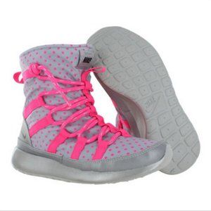 Nike Roshe Run Hi Grey Pink Dot Sneaker Boots NEW
